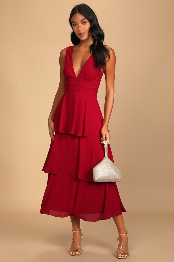 Red V-Neck Dress - Tiered Midi Dress ...